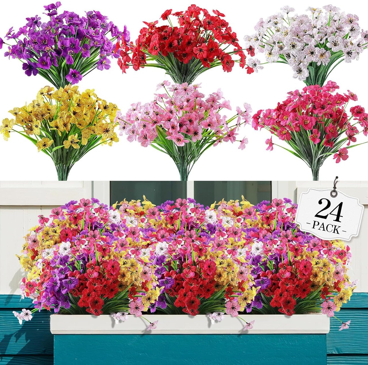 Artificial Flowers, 24 Bundles – No-Fade Faux Plants for Outdoor & Indoor Decoration, Mixed 6 Colors